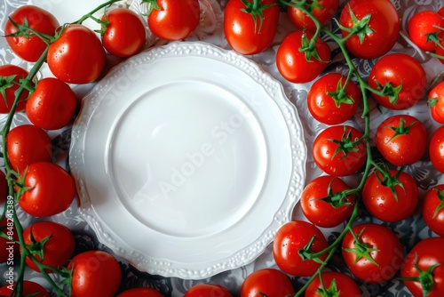 Fresh red tomatoes around empty white plate for copy space