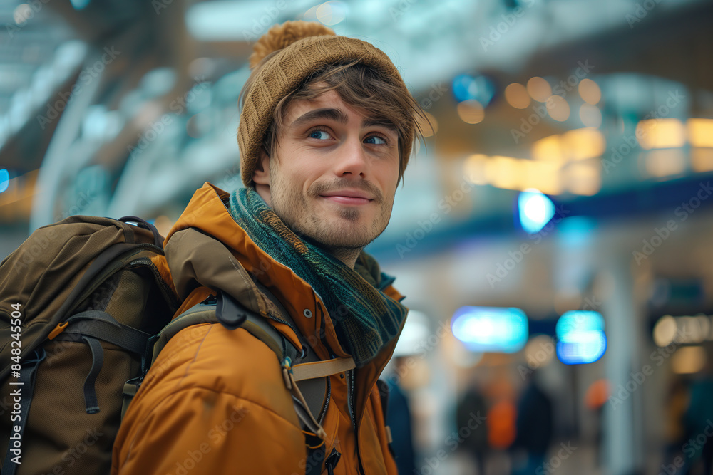 Caucasian male tourist walking in the airport terminal.