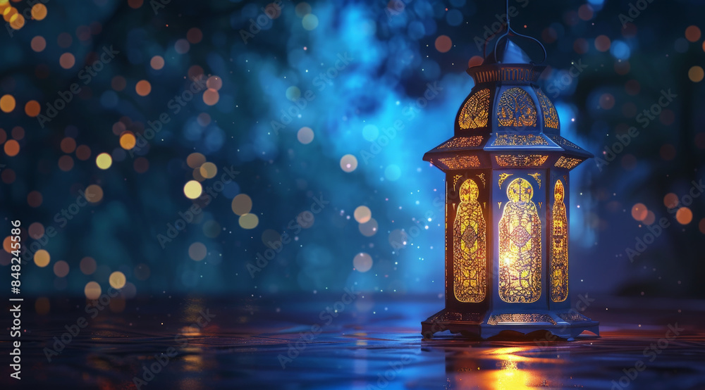 A captivating blue-toned lantern shining light with sparkling bokeh elements for Ramadan A captivating blue-toned lantern shining light with sparkling bokeh elements for Ramadan