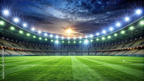 Soccer stadium at night with bright lights illuminating a lush green grass field, night, soccer, stadium, lights, grass