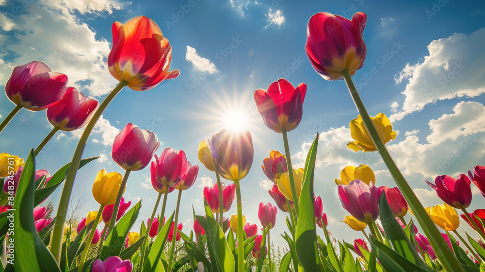 Vibrant tulip garden under a bright spring sky with fluffy clouds Vibrant tulip garden under a bright spring sky with fluffy clouds