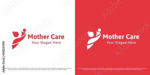 Mother hug baby logo design illustration. Abstract silhouette of a mother holding a baby in a warm embrace of love midwife health care charity. Minimal simple icon symbol.