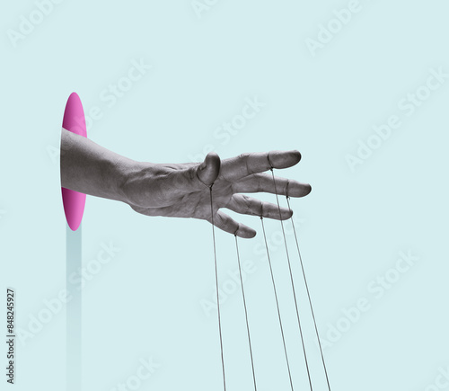 Cuadro en lienzo A puppeteer's hand with strings on each finger. Art collage.