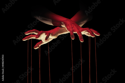 Cuadro en lienzo Puppeteer's hands with strings on each finger on black background