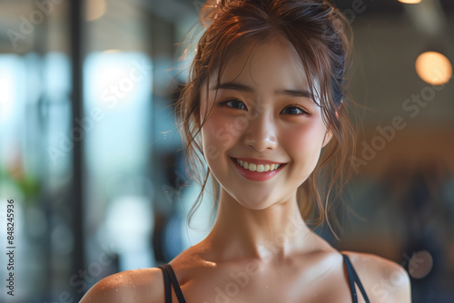 Asian woman exercising with dumbbells in the gym. Free Download Asian woman exercising with dumbbells in the gym. - GFXLoad