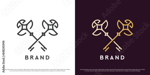Minimal key logo design illustration. Simple linear line silhouette crest aristocrat sovereign pride imperial modern golden chest treasure. Simple minimalist gradient antique element icon symbol.