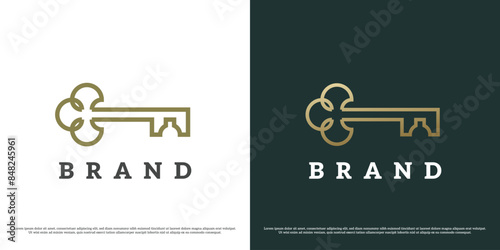 Key leaf logo design illustration. Silhouette line art linear leaf shape nature natural decorative creative gold accessories royal treasure. Simple minimal minimalist modern geometric abstract.