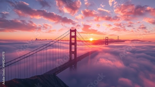 A bridge over a foggy bay with a pink and orange sky
