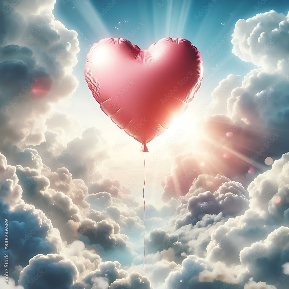 Fototapeta premium Heart-shaped balloon floating among curly clouds. A romantic and dreamy scene symbolizing love, happiness, and lightness