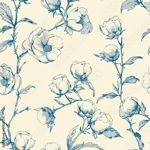 Toile de jouy soft cotton flowers seamless pattern