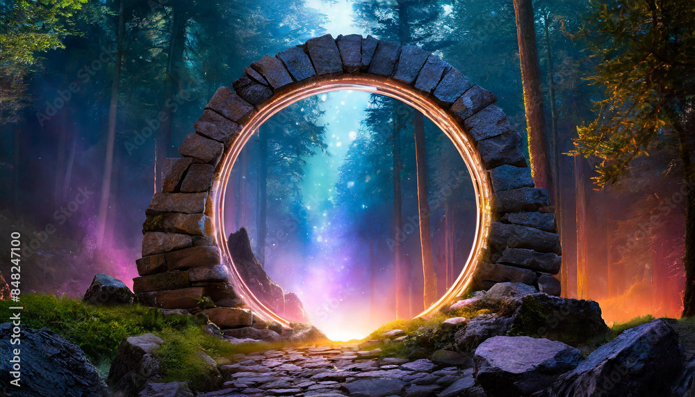 stone gate in a dark forest, illuminated by a glowing neon circle, creating an ethereal portal-like entrance. The bright light contrasts sharply with the shadowy surroundings, evoking a sense of wonde stone gate in a dark forest, illuminated by a glowing neon circle, creating an ethereal portal-like entrance. The bright light contrasts sharply with the shadowy surroundings, evoking a sense of wonde
