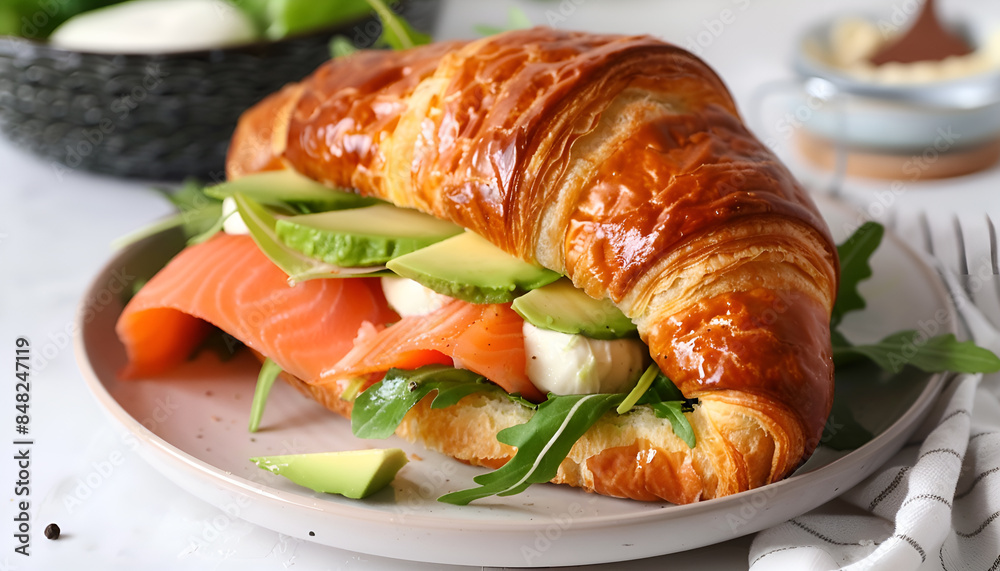 Tasty croissant with salmon, avocado, mozzarella and lettuce on white table, closeup Tasty croissant with salmon, avocado, mozzarella and lettuce on white table, closeup