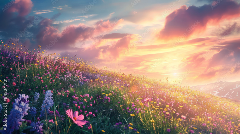 Wildflowers carpeting a hillside with a dramatic sunset in the background Wildflowers carpeting a hillside with a dramatic sunset in the background