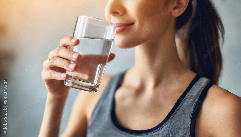 woman holding a glass of water against her lips. The background is a clean, empty, blurred wall, highlighting the focus on hydration, purity, and simplicity woman holding a glass of water against her lips. The background is a clean, empty, blurred wall, highlighting the focus on hydration, purity, and simplicity