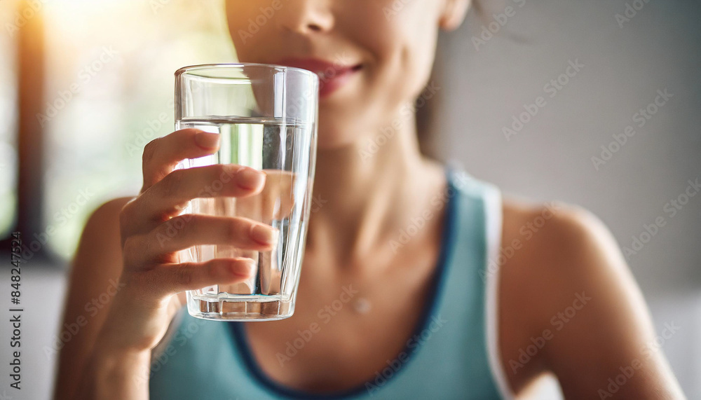 woman holding a glass of water against her lips. The background is a clean, empty, blurred wall, highlighting the focus on hydration, purity, and simplicity woman holding a glass of water against her lips. The background is a clean, empty, blurred wall, highlighting the focus on hydration, purity, and simplicity