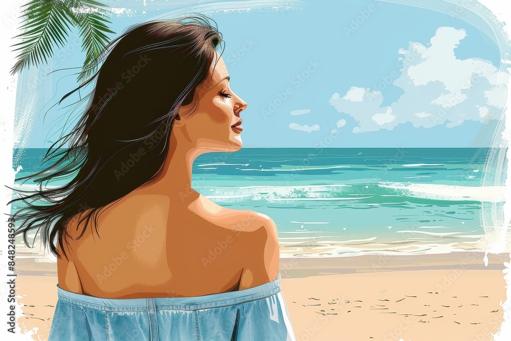 An illustrated side view of a woman enjoying a beachscape, with her face kept anonymous by blurring An illustrated side view of a woman enjoying a beachscape, with her face kept anonymous by blurring