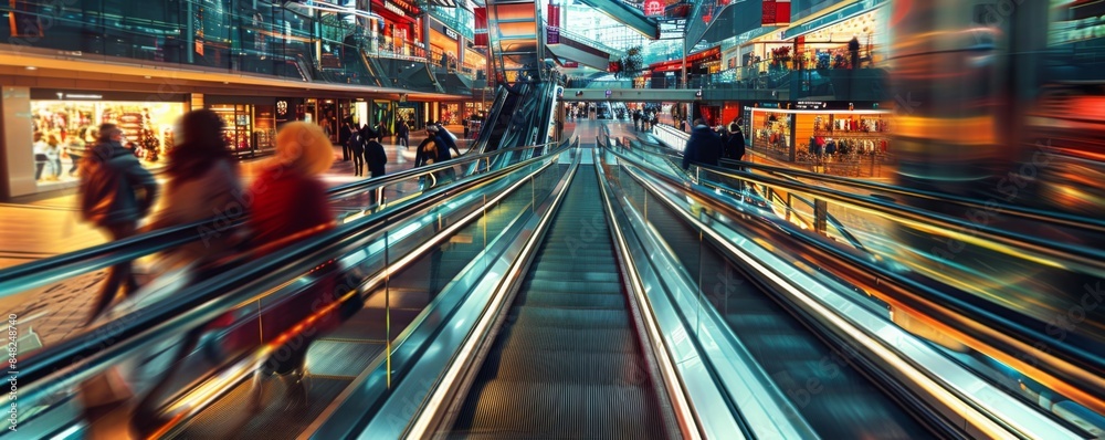 Modern luxury escalators with staircase, architecture concept banner. Generative AI.