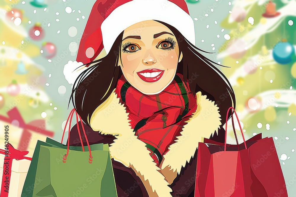 A vibrant illustration showing a happy woman carrying shopping bags during Christmas time with festive decor A vibrant illustration showing a happy woman carrying shopping bags during Christmas time with festive decor