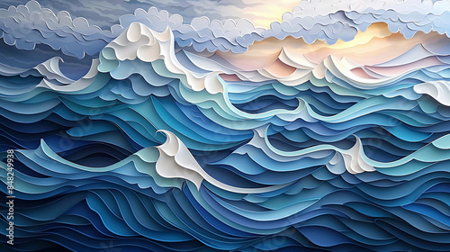 Ocean waves and clouds cut paper art