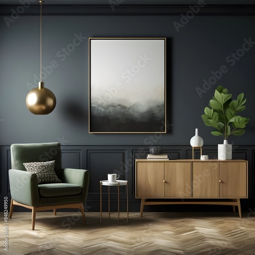 a stylish interior design featuring a moody dark blue wall, a minimalist abstract painting, a chic wooden sideboard, a modern green armchair, and elegant decor elements like a gold pendant light and 