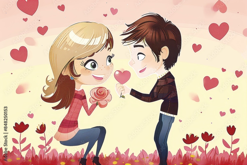 A cartoon illustration featuring a cute couple with a young man kneeling and offering a rose to a woman amidst hearts and flowers A cartoon illustration featuring a cute couple with a young man kneeling and offering a rose to a woman amidst hearts and flowers