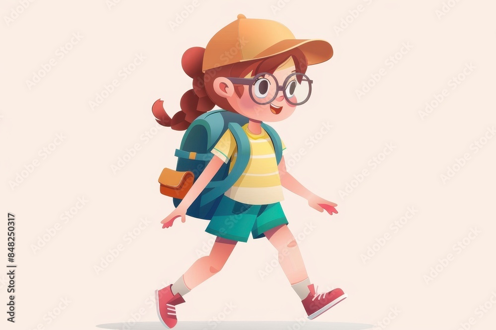 This colorful, cartoon-style image shows a happy young girl with glasses and a backpack walking This colorful, cartoon-style image shows a happy young girl with glasses and a backpack walking