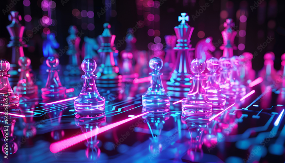 Chess pieces on board in neon lights. Circuit board pattern and binary code symbolizing artificial intelligence Chess pieces on board in neon lights. Circuit board pattern and binary code symbolizing artificial intelligence