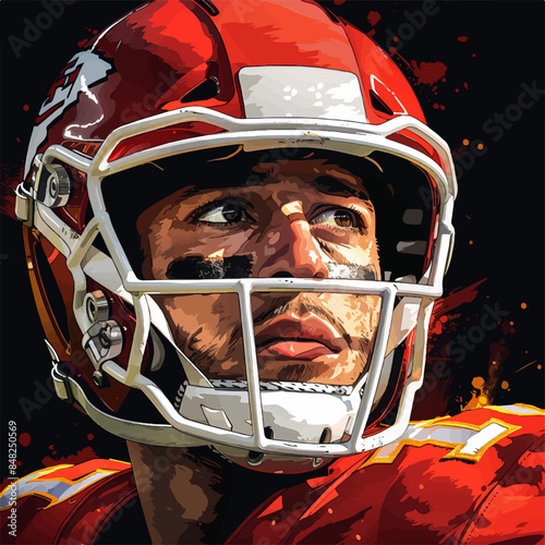 Close up of american football player with a red helmet, vector illustration