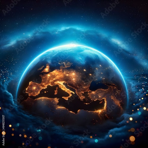 a stunning view of Earth from space, highlighting the brilliant lights of Europe and parts of Africa and Asia against the dark backdrop of the planet, surrounded by a glowing blue atmosphere 