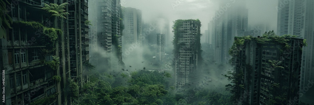 Abandoned city debris with green plants growing. Post apocalypse scene. Abandoned city debris with green plants growing. Post apocalypse scene.