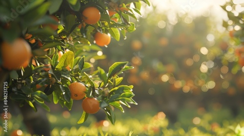 Orange Trees in Sunlight. Bright orange fruits hang on lush green branches, reflecting sunlight in a beautiful orchard. A picture of natural beauty. photo