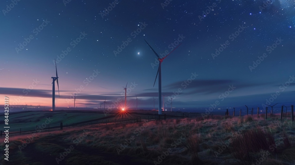 Obraz premium Wind turbines at dusk with starry sky background. Amazing night landscape. Renewable energy source in rural area. Beautiful evening view.