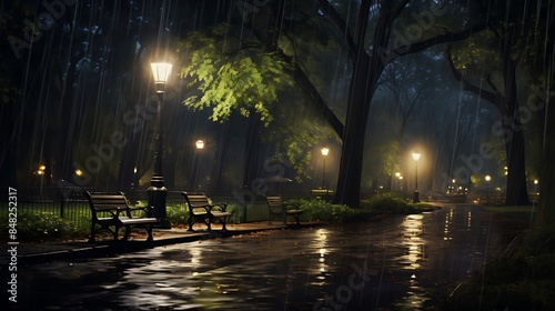 A Rainy Night in the Park: Serene Atmosphere Amidst Drizzling Rain