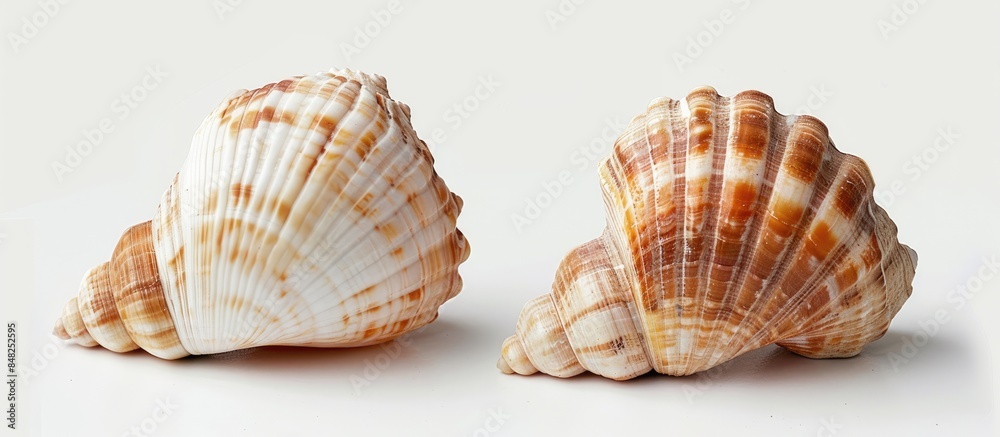 Obraz premium Two seashells placed alone on a white backdrop.