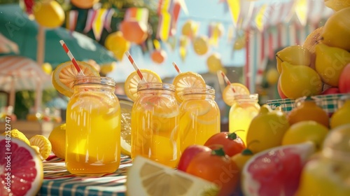 Refreshing summer lemonade jars with straws and fresh citrus fruits on a sunny day. Vibrant scene with sunlight and colorful decorations. photo