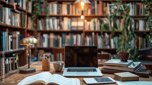 Workspace with laptop, coffee cup, and various notebooks Classic table lamp Shelves full of books