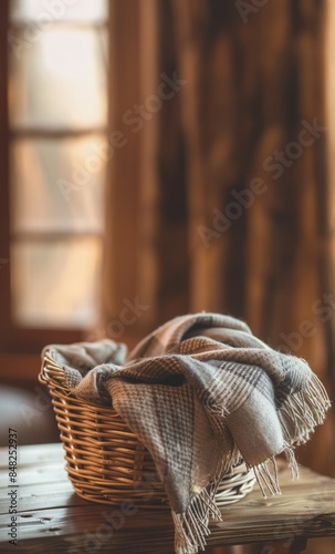 Cozy Checkered Blankets in Wicker Basket on Wooden Table by Window with Warm Natural Light photo