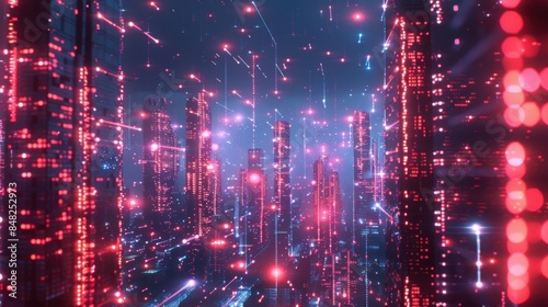 A digital cityscape representing decentralization, with multiple servers connected by light beams.
 photo