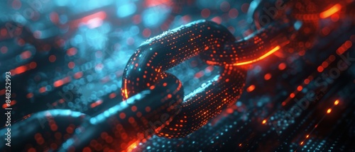 A futuristic close-up of a digital chain, symbolizing blockchain technology, with glowing red and blue lights representing secure and encrypted connections.
 photo