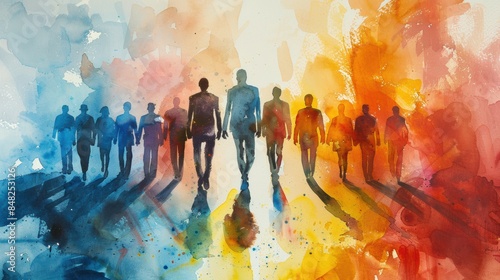 Watercolor painting of a group of people walking together Led by confident people at the forefront which is a symbol of growth change and unity It conveys movement and determination.