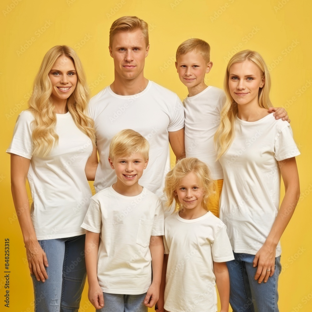 Cheerful family in white shirts posing in studio with copy space, ideal for advertising Cheerful family in white shirts posing in studio with copy space, ideal for advertising