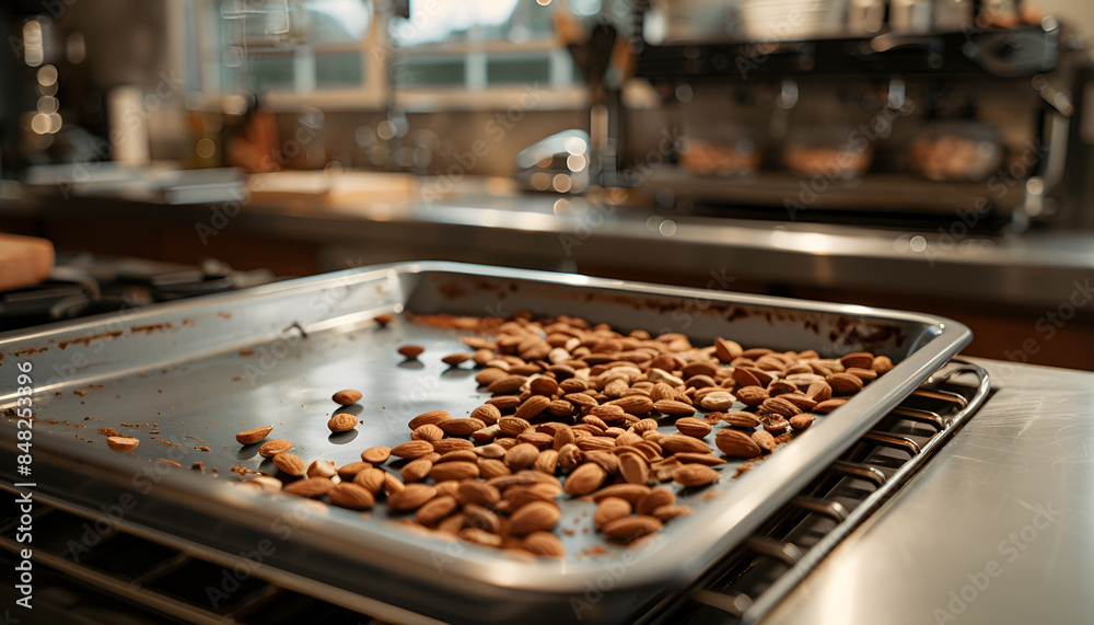 Almonds on a baking pan to be roasted, on a dark oak kitchen island at a cafe Almonds on a baking pan to be roasted, on a dark oak kitchen island at a cafe