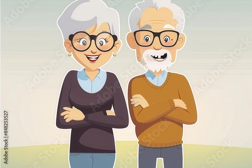 Two animated senior characters standing together with arms crossed, depicting companionship photo