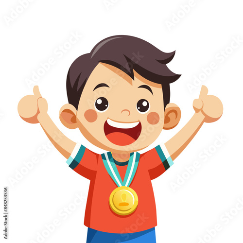 Happy cartoon boy holding a trophy or cup, celebrating a victory or achievement