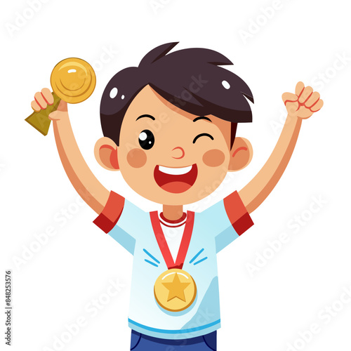 Happy cartoon boy holding a trophy or cup, celebrating a victory or achievement