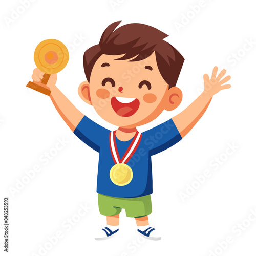 Happy cartoon boy holding a trophy or cup, celebrating a victory or achievement
