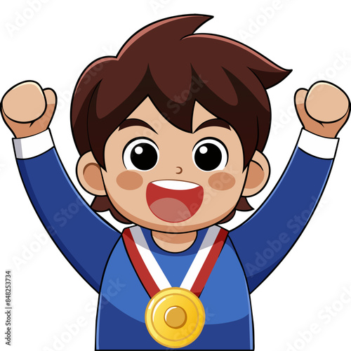 Happy kawaii cartoon boy celebrating a victory or achievement