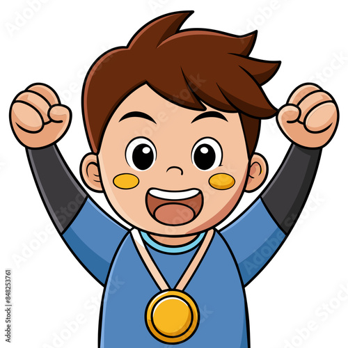 Happy kawaii cartoon boy celebrating a victory or achievement