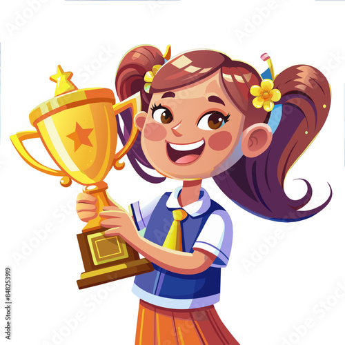 Happy cartoon child holding a trophy or cup, celebrating a victory or achievement