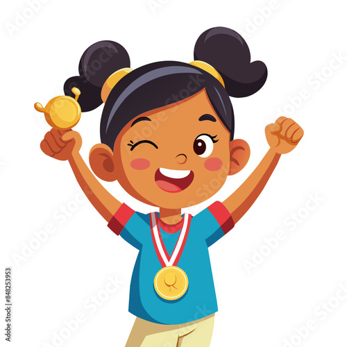 Happy cartoon child holding a medal, celebrating a victory or achievement